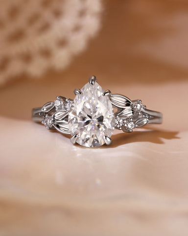 PENELOPE Pear Shaped Moissanite Leaf Inspired Fairy Engagement Ring