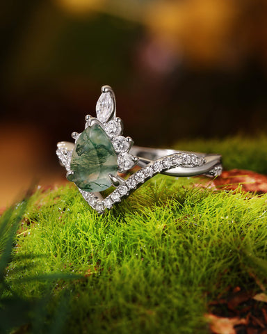 ISLAE Infinity Twisted Pear Cut Moss Agate Engagement Ring