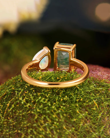 BRYASTRA Emerald Cut Moss Agate & Pear Opal Unique Toi Et Moi Ring