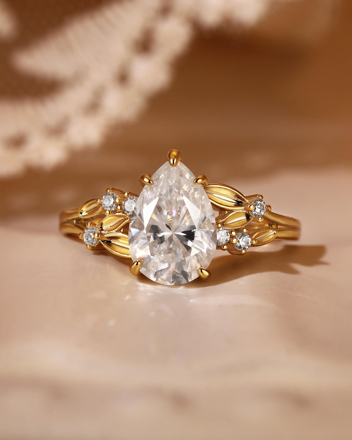 PENELOPE Pear Shaped Moissanite Leaf Inspired Fairy Engagement Ring
