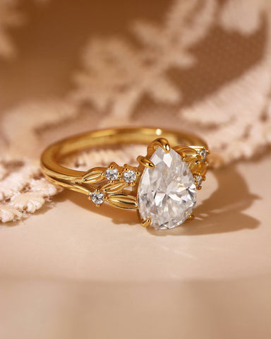 PENELOPE Pear Shaped Moissanite Leaf Inspired Fairy Engagement Ring