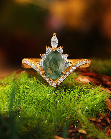 ISLAE Infinity Twisted Pear Cut Moss Agate Engagement Ring