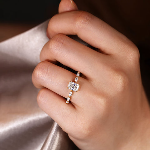 ELIZABETH Radiant Cut Promise Ring Marquise Accents Dainty Engagement Ring