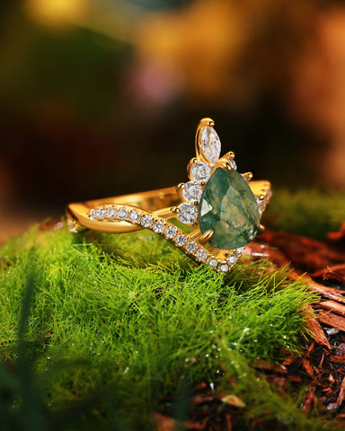 ISLAE Infinity Twisted Pear Cut Moss Agate Engagement Ring