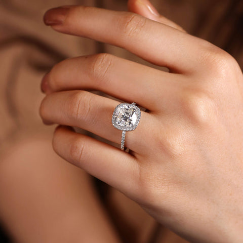 LILIBET Cushion Cut Moissanite Engagement Ring Half Eternity Halo Promise Ring