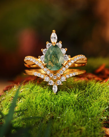 BRIELLE Pear Cut Moss Agate Engagement Ring Set