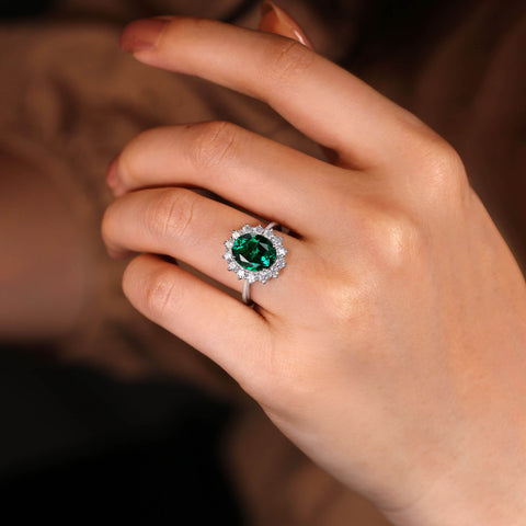 ELIORA Oval Cut Lab Emerald Halo Engagement Ring Unique Promise Ring