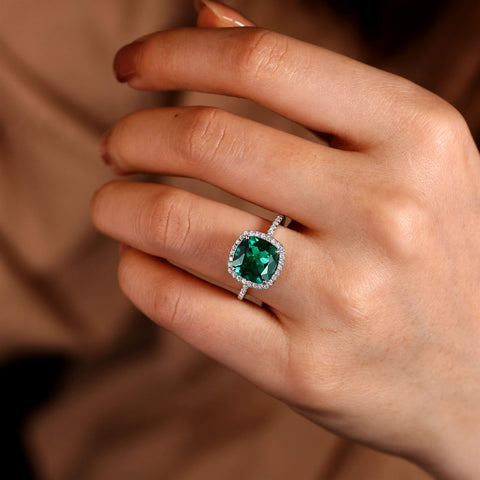 ELEONARA Cushion Cut Lab Emerald Engagement Ring Pave Halo Bridal Ring