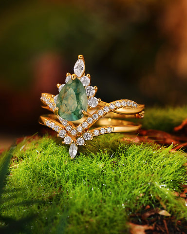BRIELLE Pear Cut Moss Agate Engagement Ring Set