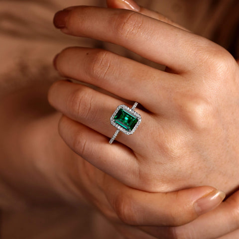 LUCINDA Lab Emerald Engagement Ring Pave Halo Promise Ring