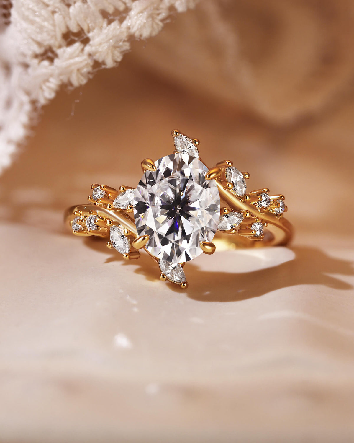 SWAN Nature Inspired Bypass Leaf Oval Cut Engagement Ring