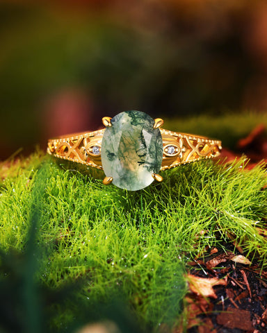 ESSIE Art Deco Jewelry Floral Oval Moss Agate Engagement Ring