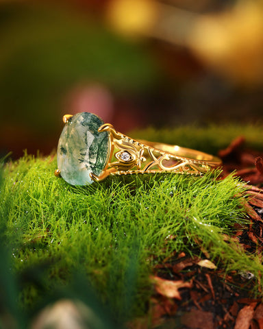 ESSIE Art Deco Jewelry Floral Oval Moss Agate Engagement Ring
