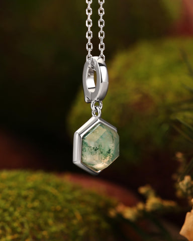MYSTREENA Natural Inspired Minimalist Hexagon Cut Moss Agate Necklace