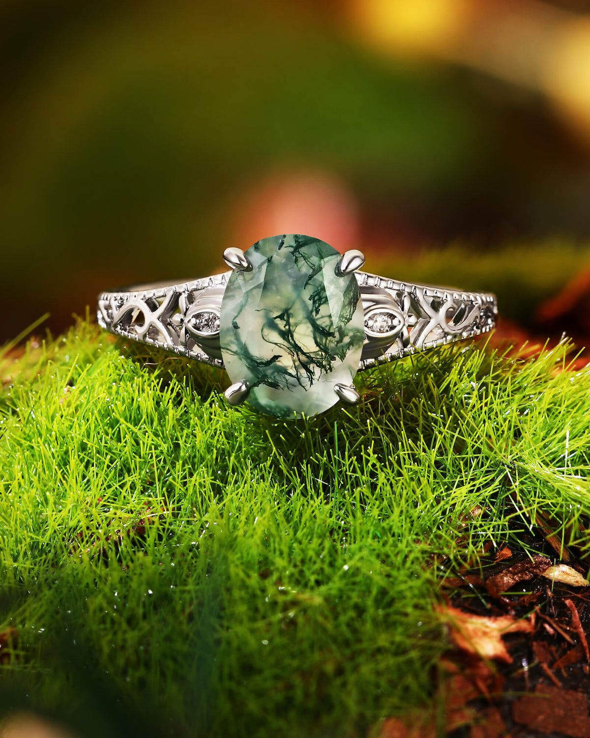 ESSIE Art Deco Jewelry Floral Oval Moss Agate Engagement Ring