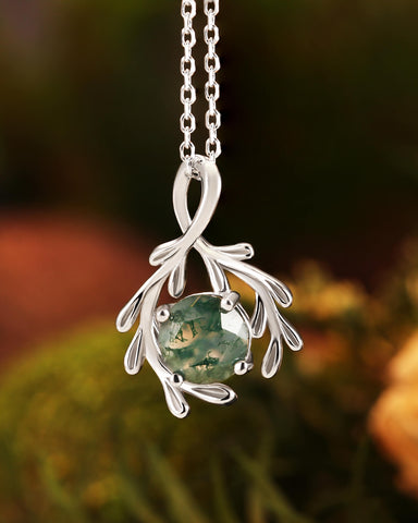 LEAFRY Natural Inspired Moss Agate Round Leafy Necklace