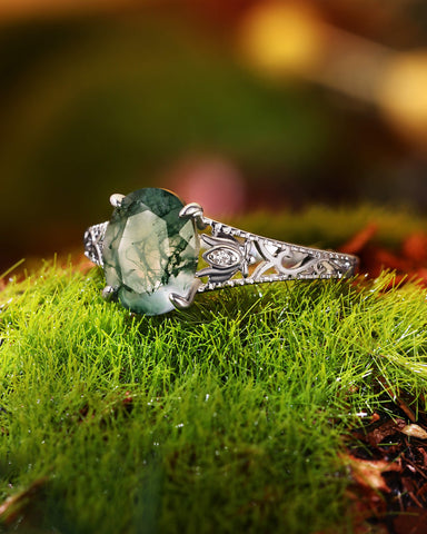 ESSIE Art Deco Jewelry Floral Oval Moss Agate Engagement Ring