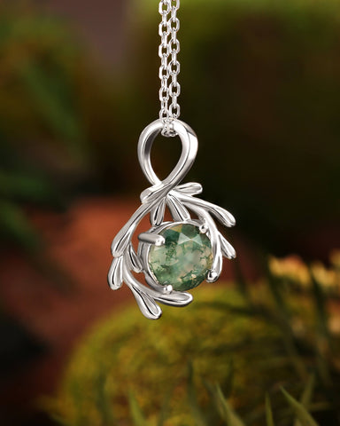 LEAFRY Natural Inspired Moss Agate Round Leafy Necklace