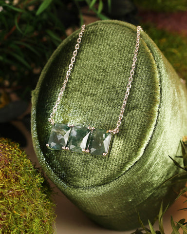 BOSCLYN Three Stone Minimalist Rectangle Moss Agate Necklace