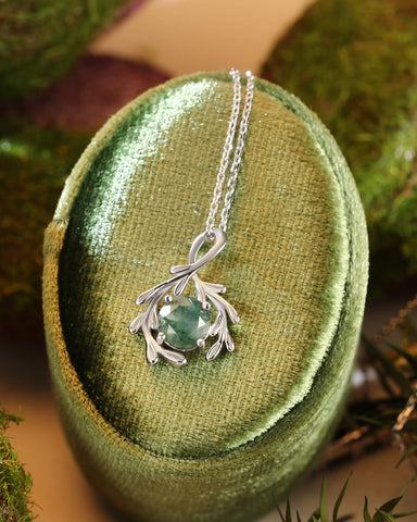 LEAFRY Natural Inspired Moss Agate Round Leafy Necklace