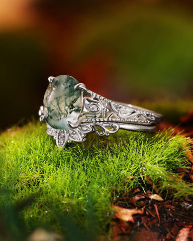 OPHIRA Vintage Floral Oval Shaped Moss Agate Engagement Ring Set