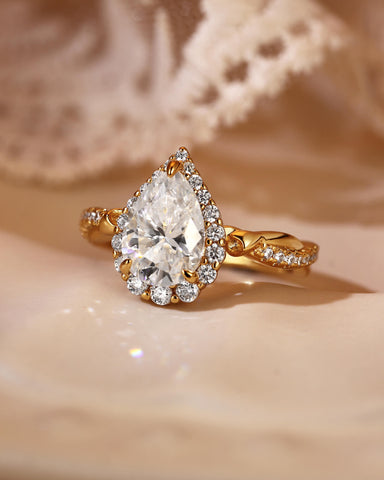 CLARISSA Halo Pear Cut Moissanite Flower Twist Engagement Ring