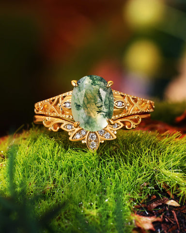 OPHIRA Vintage Floral Oval Shaped Moss Agate Engagement Ring Set