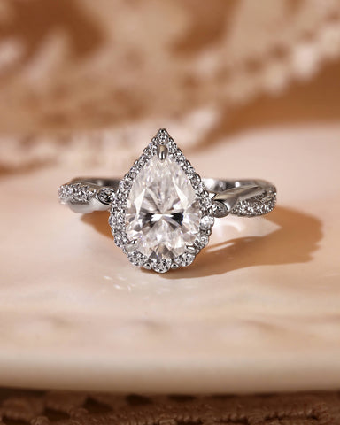 CLARISSA Halo Pear Cut Moissanite Flower Twist Engagement Ring