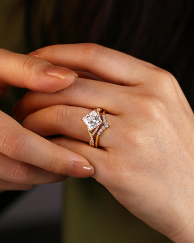 SERENITH Princess Cut Moissanite Wedding Ring Set Crossover Shank Design Bridal Ring Set