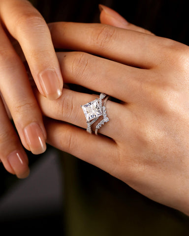 SERENITH Princess Cut Moissanite Wedding Ring Set Crossover Shank Design Bridal Ring Set