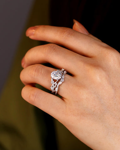 WRENLEY Oval Cut Moissanite Leaf Engagement Ring Set