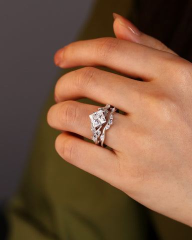 TARIAN Princess Cut Moissanite Wedding Ring Nature Inspired Bridal Ring Set