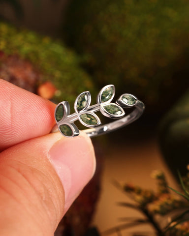 FERN Marquise Cut Moss Agate Leafy Forest Elves Engagement Ring