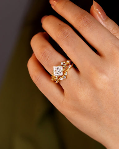 TARIAN Princess Cut Moissanite Wedding Ring Nature Inspired Bridal Ring Set