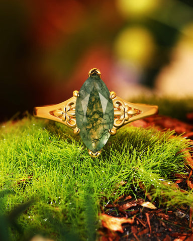WYNN Art Deco Style Fleur-De-Lis Marquise Cut Moss Agate Engagement Ring