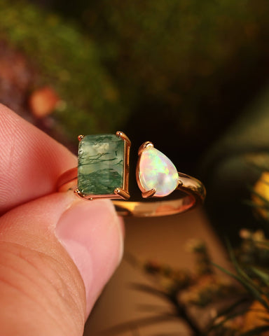 BRYASTRA Emerald Cut Moss Agate & Pear Opal Unique Toi Et Moi Ring