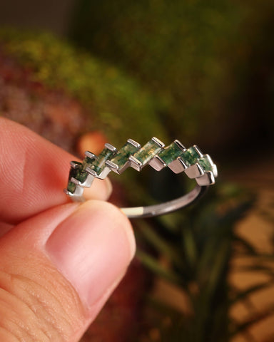 HUMELO Baguette Cut Moss Agate Half eternity Wedding Band Art Deco Promise Ring