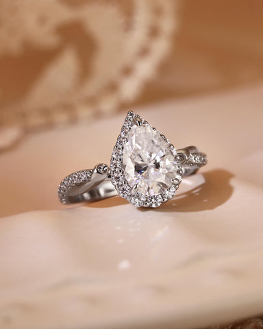 CLARISSA Halo Pear Cut Moissanite Flower Twist Engagement Ring