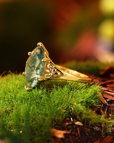 WYNN Art Deco Style Fleur-De-Lis Marquise Cut Moss Agate Engagement Ring