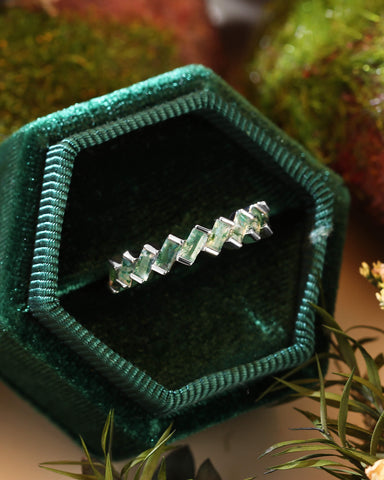 HUMELO Baguette Cut Moss Agate Half eternity Wedding Band Art Deco Promise Ring