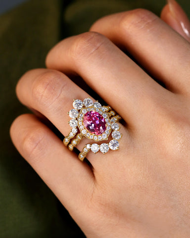ORIANA Vintage Halo Oval Pink Sapphire Engagement Ring Wedding Ring Set