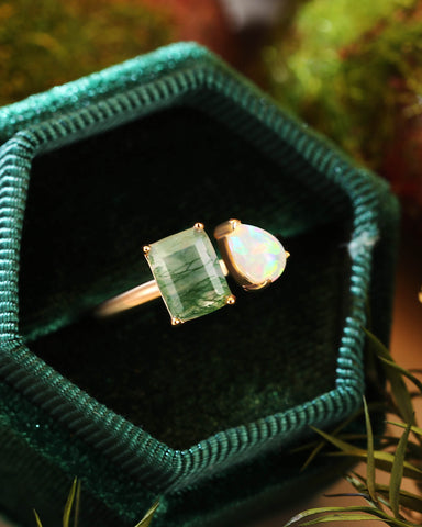 BRYASTRA Emerald Cut Moss Agate & Pear Opal Unique Toi Et Moi Ring