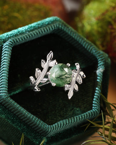 AUBREY Moss Agate Round Cut Leaf Vine Engagement Ring