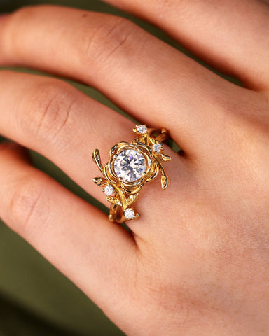 BRIAR Floral Inspired Moissanite Promise Ring Unique Engagement Ring With Leaf Band