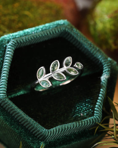 FERN Marquise Cut Moss Agate Leafy Forest Elves Engagement Ring