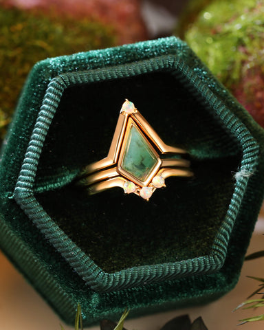 MOSSLYN Unique Bezel Set Kite Cut Moss Agate & Opal Engagement Ring Set 3pcs