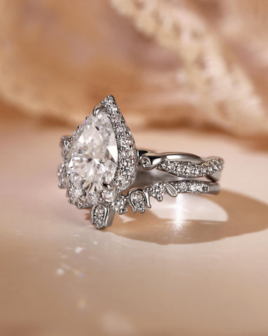 CLARISSA Floral Fairy Halo Pear Cut Moissanite Bridal Set 2pcs