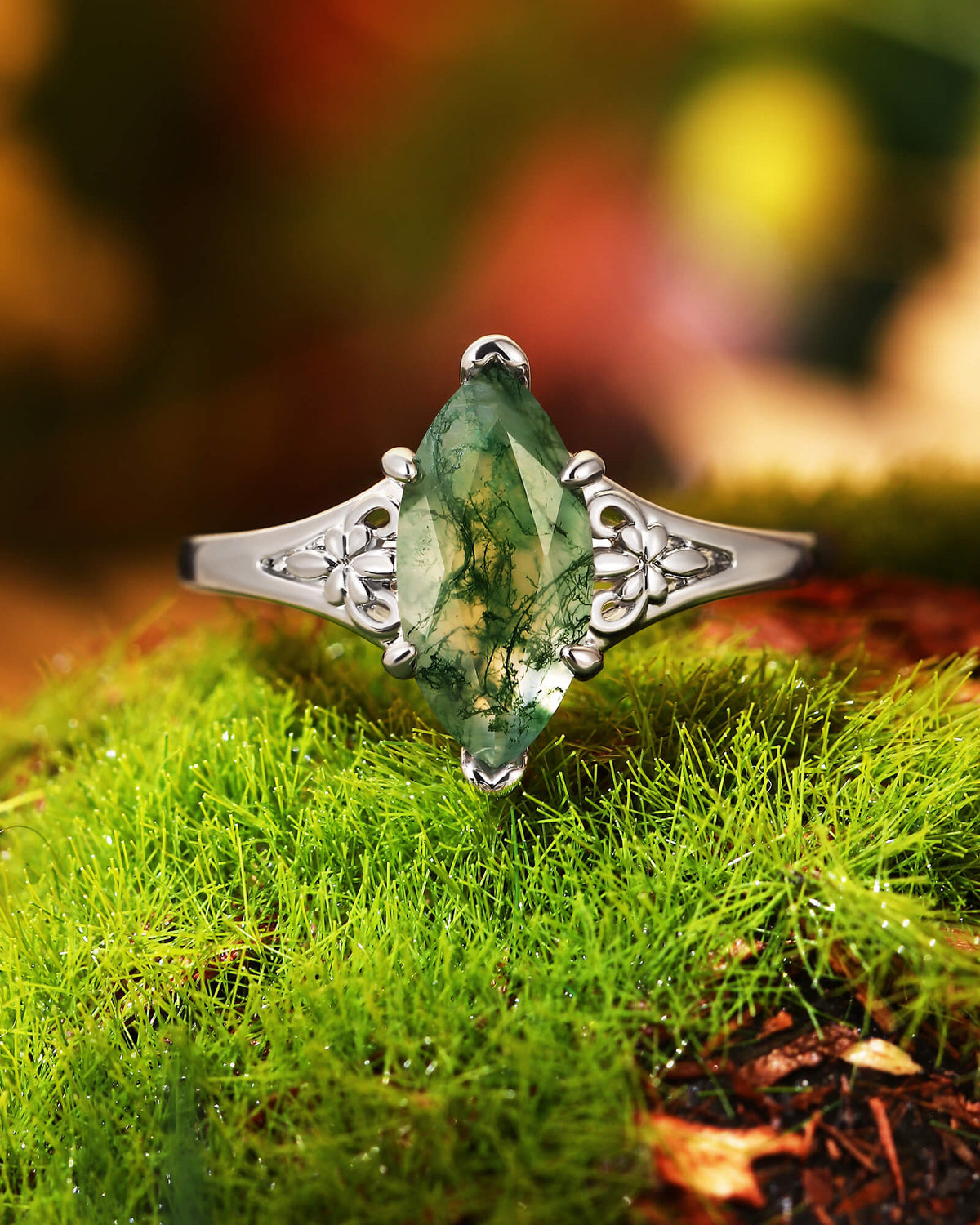 WYNN Art Deco Style Fleur-De-Lis Marquise Cut Moss Agate Engagement Ring