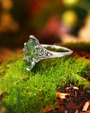 WYNN Art Deco Style Fleur-De-Lis Marquise Cut Moss Agate Engagement Ring