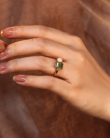 BRYASTRA Emerald Cut Moss Agate & Pear Opal Unique Toi Et Moi Ring